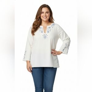 Girl Krazy Women's White And Blue Embroidered Top With Full Sleeve 2X
